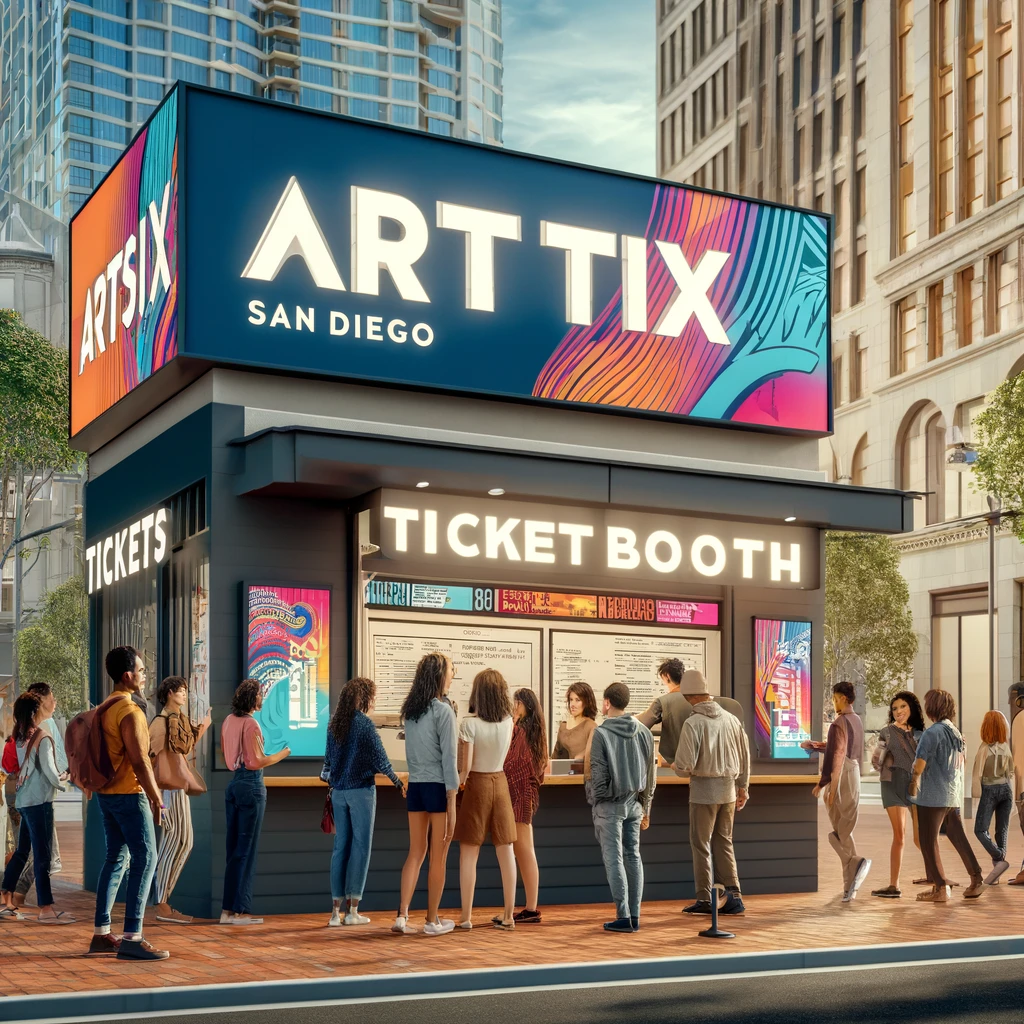A bustling urban ticket booth branded with 'ArtsTix San Diego' signage, surrounded by a diverse group of people purchasing tickets.