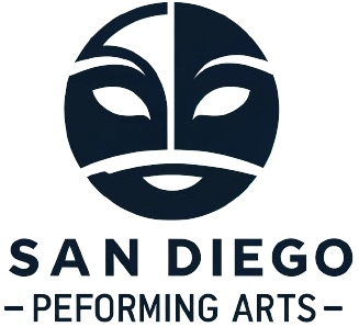San Diego Performing Arts'. The design should be minimalistic, with a modern font and a single graphic element that represents the performing arts, such as a dramatic mask or a simple spotlight.