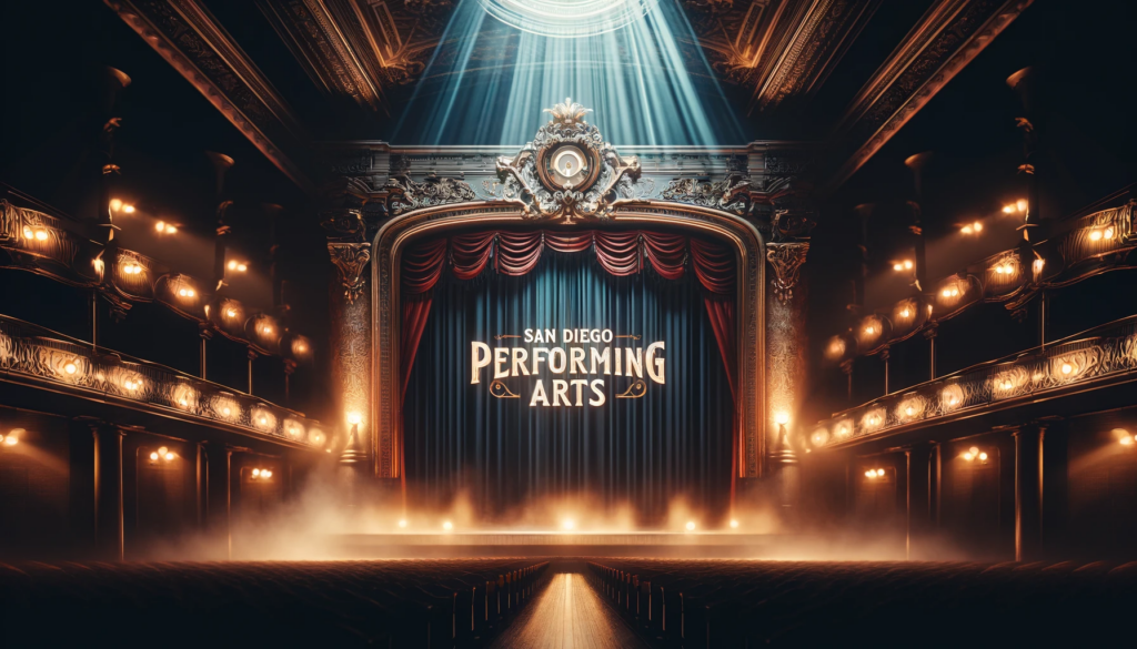 San Diego Performing Arts, that features a stunning, high-quality photo of a stage with dramatic lighting and elegant curtains, capturing the atmosphere of a live performance. 