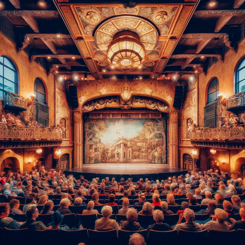Interior of The Old Globe Theatre in San Diego, with the audience seated and awaiting the performance, stage set with intricate details, and classic architectural elements visible.