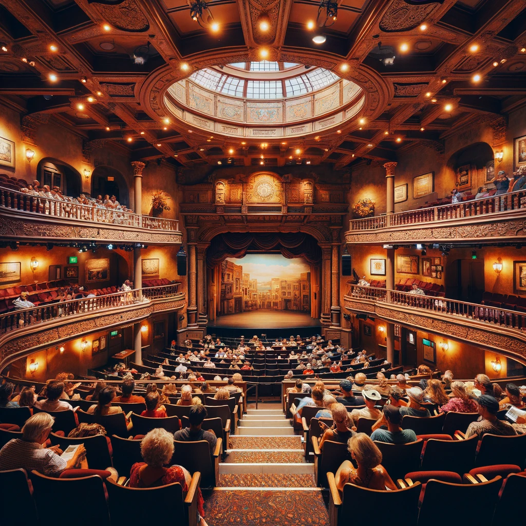 Interior view of The Old Globe Theatre in San Diego, showcasing the stage and seating area with people awaiting the performance, and warm lighting creating an inviting atmosphere.