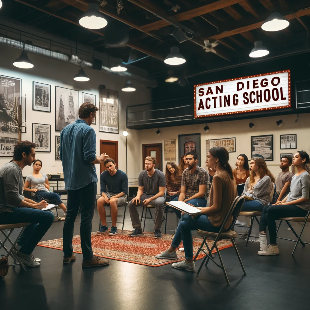 Acting class at San Diego Acting School with students performing a scene, the instructor observing, and providing feedback in a well-lit room with theater posters and a small stage area.