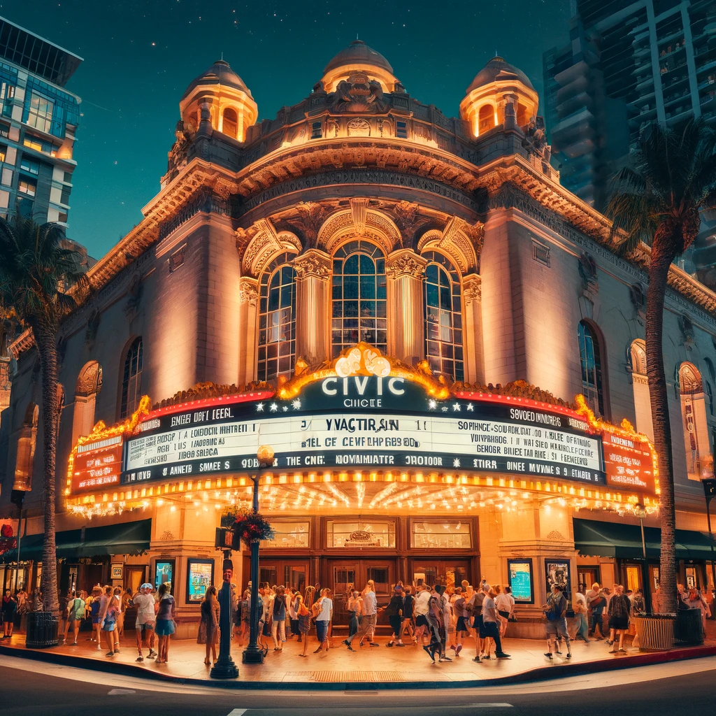 Evening scene at the San Diego Civic Theatre with people arriving, bright lights illuminating the building, and the marquee displaying upcoming shows.