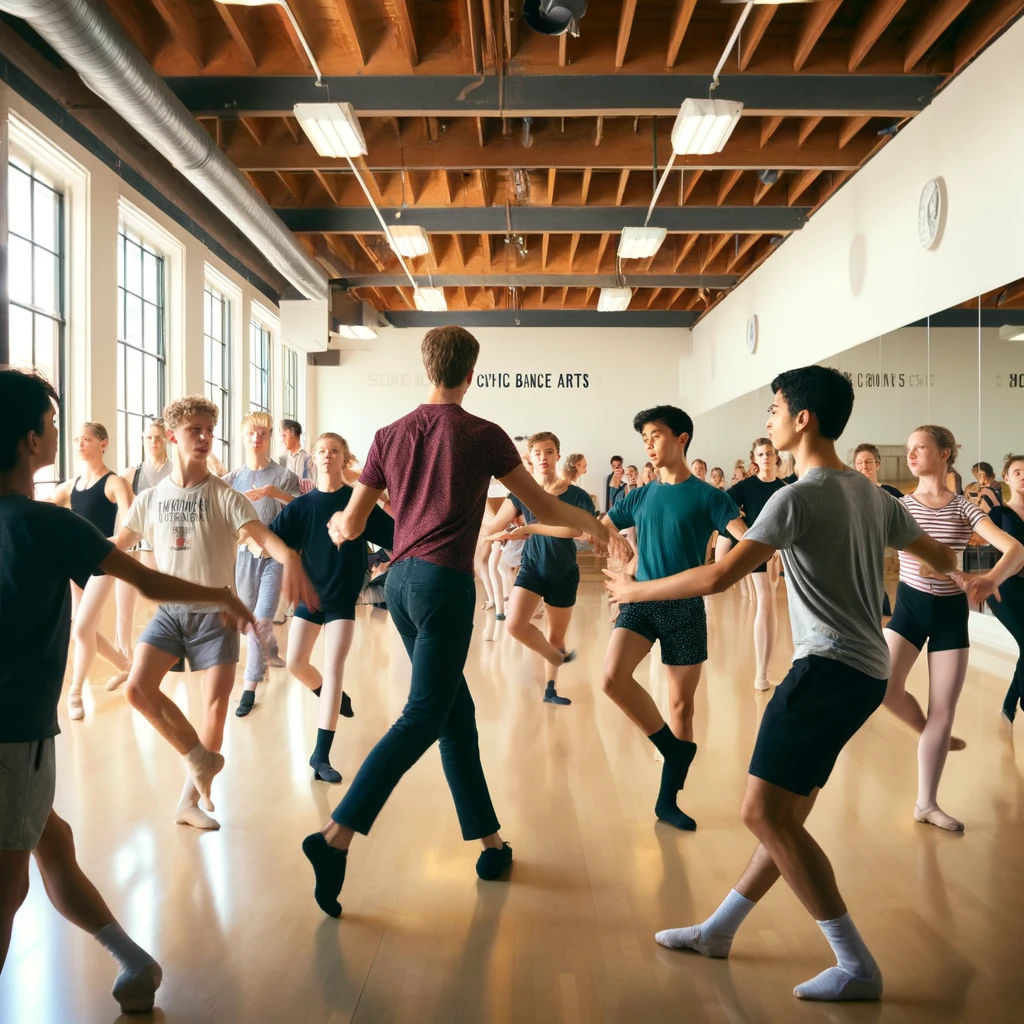 Ballet class at San Diego Civic Dance Arts with students of various ages practicing and an instructor guiding them in a bright, spacious studio with mirrors and wooden floors.
