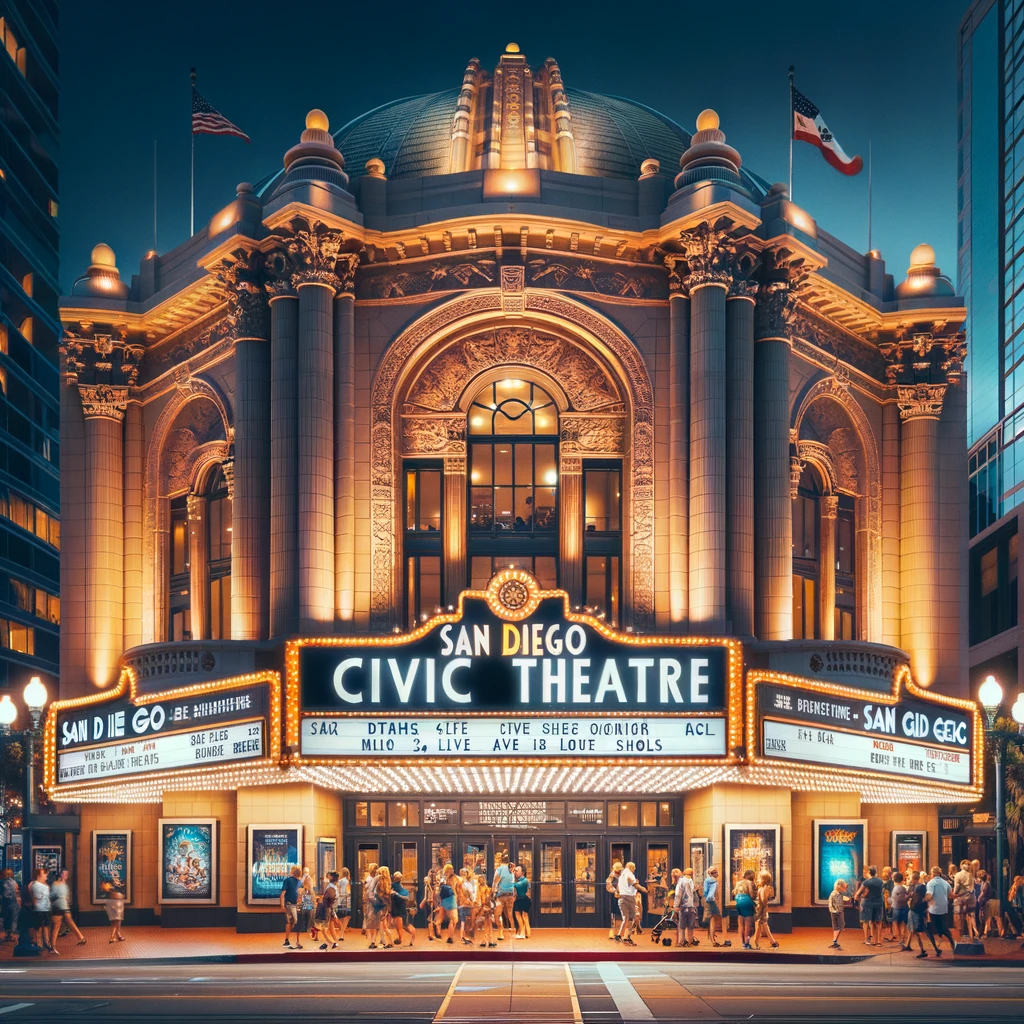 Evening scene at the San Diego Civic Theatre with people arriving for a performance, theater illuminated with bright lights, and the marquee displaying upcoming shows.
