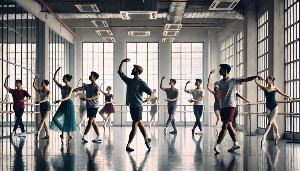 A group of ballet dancers practicing in a spacious dance studio with large mirrors, ballet barres, and natural light. The instructor demonstrates a ballet pose while dancers follow, showcasing various stages of learning ballet, including pirouettes and arabesques.