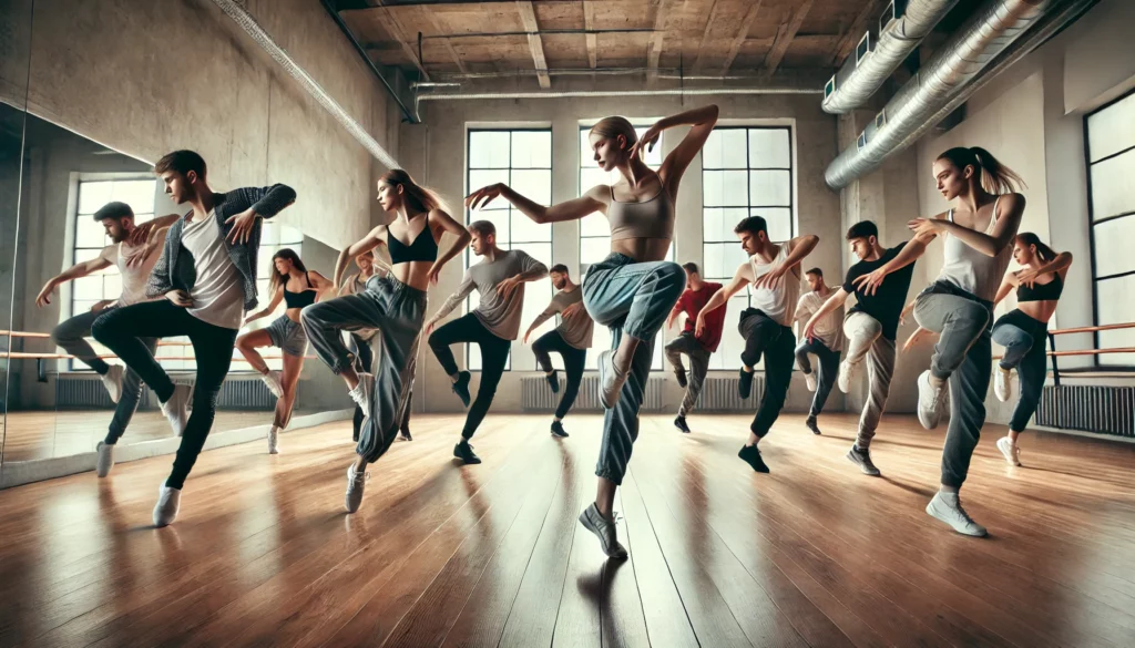 A group of diverse dancers performing modern dance moves in a spacious, well-lit studio, showcasing dynamic and fluid movements with large mirrors and wooden floors in the background.