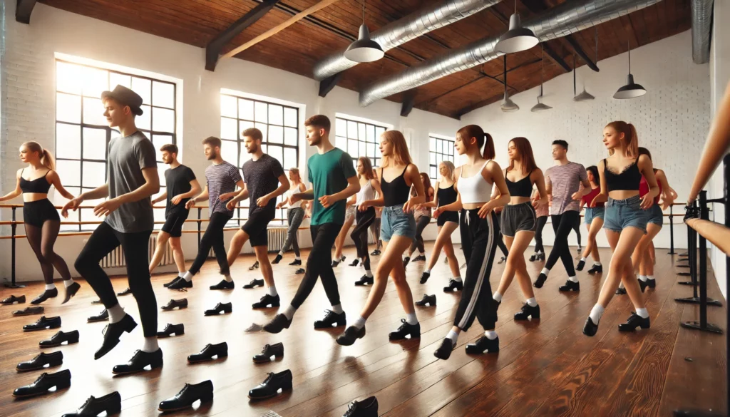 Tap dance class in a spacious studio with wooden floors, large mirrors, and a barre. Students of various ages practice tap steps, following an instructor. The scene is lively and energetic with sunlight streaming through large windows.
