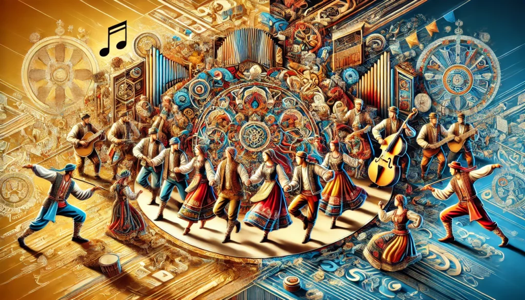 A vibrant scene of a group of people engaged in folk dance, wearing colorful traditional costumes with intricate patterns. The background includes cultural symbols, musical instruments, and a festive atmosphere, highlighting the importance of folk dance in preserving cultural heritage and community spirit.